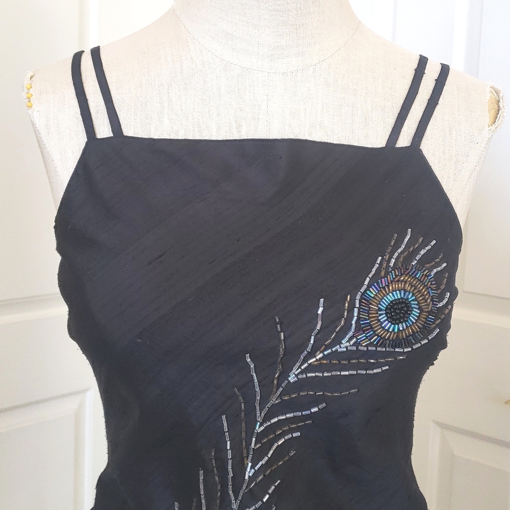Vintage Luxe Beaded Black Silk Camisole – Peacock Feather Artistry - Picture 7 of 14